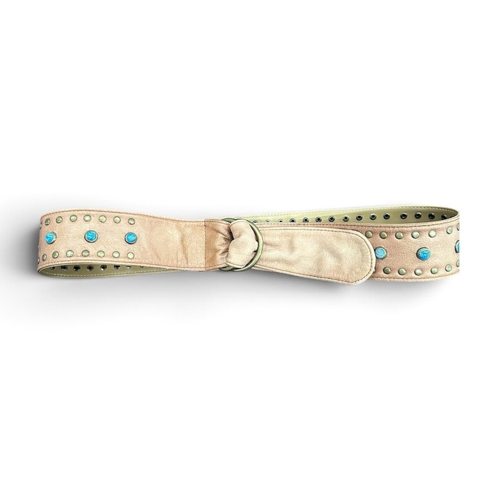 Genuine Italian Leather Turquoise Studded Boho D-Ring Belt Tan Brown Medium